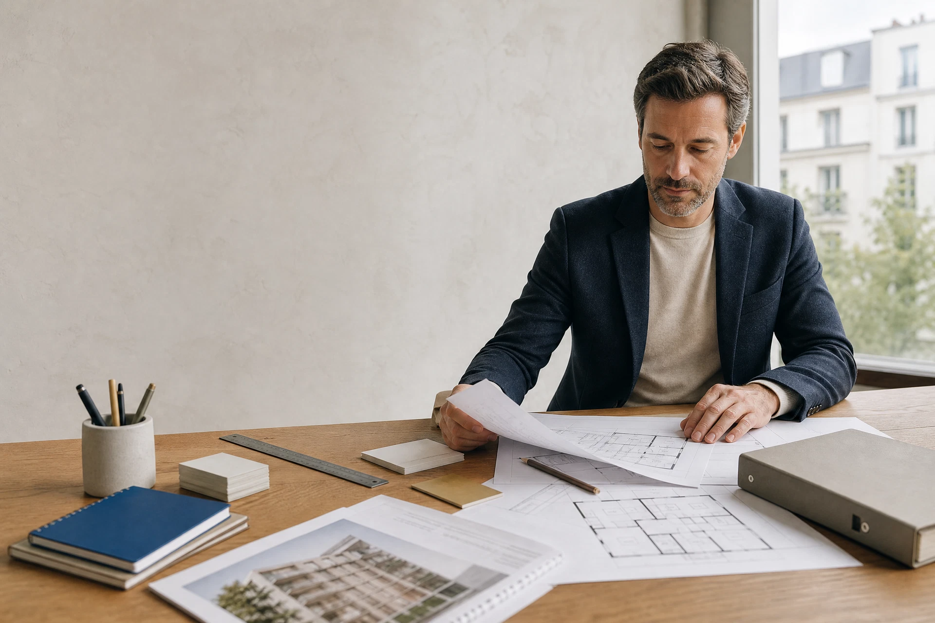 Dossier professionnel et plans immobiliers préparés sur un bureau